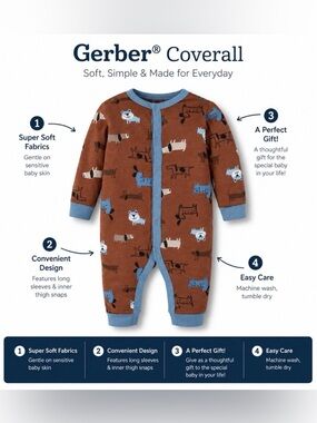 GERBER DOG THEME ONE PIECE COVERALL - BROWN SIZE 3-6 MONTHS (NEW WITH TAGS) A12